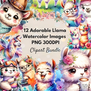 Bundle de cliparts aquarelle de lama - 12 images PNG, adorables graphiques d'alpaga, téléchargement numérique instantané, pour sublimation, autocollants, créations en papier