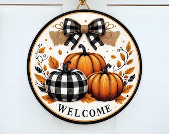 Välkommen höstskylt rund dörrhängare png sublimeringsdesign, pumpa krydda rutig kransskylt, Coquette Gingham rund bordsmatta, höstgåva png
