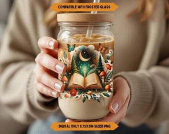 Envoltorio para taza de vidrio de 16 oz con diseño de bosque literario caprichoso, sublimación PNG, estilo cottagecore de fantasía, envoltura de café helado acogedor para leer, amante de los libros encantados