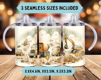 Cartoon 12oz Sippy Cup png Sublimation Design, Straight Construction Trucks Boys Gift Kids Sippy Cup Wrap png, 3 sizes, Digital Only