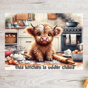 Cute Highland Cow Kitchen Chaos Poster, Funny Animal Wall Art, Farmhouse Decor Print