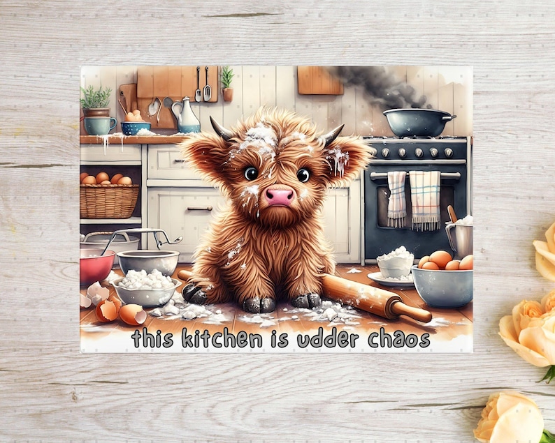 Cute Highland Cow Kitchen Chaos Poster, Funny Animal Wall Art, Farmhouse Decor Print