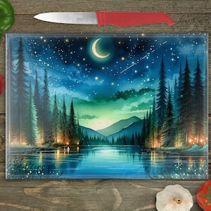 Glass Cutting Board PNG Sublimation Design, Starry Mountain Landscape Chopping Board PNG SVG Files, Kitchen Decor Placemat Serving Tray png