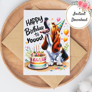 Carte d'anniversaire Basset Hound - Joyeux anniversaire ! | Téléchargement instantané PNG et PDF, carte de voeux d'anniversaire de chien, tailles en 5 x 7 pouces, tailles A6