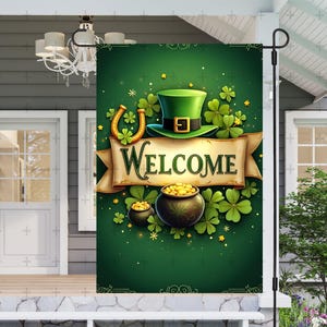 May include: A green welcome sign with a leprechaun hat, shamrocks, and gold coins. The sign says "Welcome".