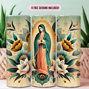 Diseño de sublimación PNG para envolver vasos de la Virgen María, envoltorio para vasos cristiano delgado sin costuras de 20 oz de la Virgen de Guadalupe, solo digital