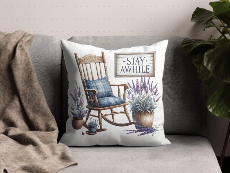 Rocking Chair and Lavender Throw Pillow Cover, Stay Awhile Quote, Farmhouse Decor, Decorative Cushion Case for Sofa