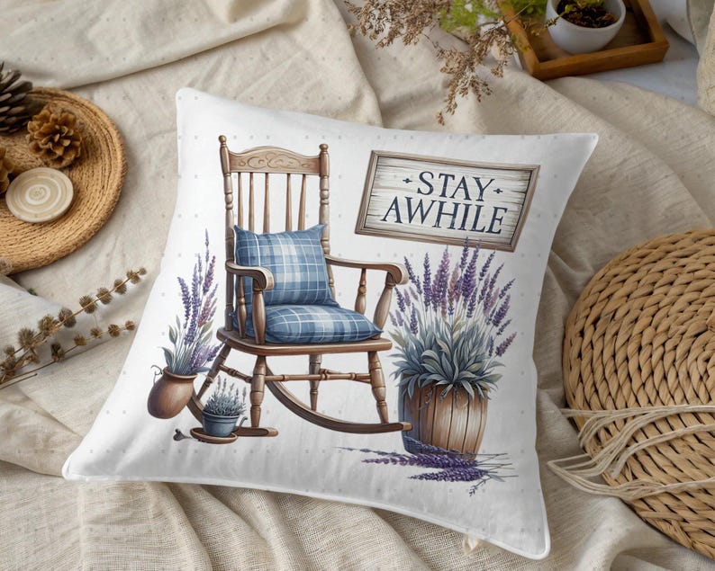 Vintage Rocking Chair Cushion Cover, Stay Awhile Pillow Case, Farmhouse Decor, Cozy Home Accent, Rustic Lavender Throw Pillow