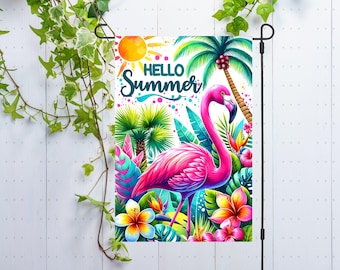 Summer Flamingo Garden Flag PNG Sublimation Design Yard Flag Decor, Happy Welcome Hello Summer Beachy Tropical Sign Welcome Garden Flag png