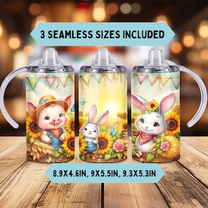Vaso para bebé recto de 12 oz con diseño de sublimación PNG, vaso para niños PNG, regalo de animales de granja, cerdo, conejo rústico, vaso para bebé PNG, 3 tamaños