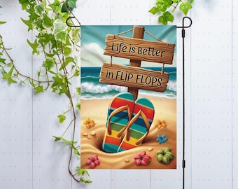 Summer Garden Flag PNG Sublimation Design Yard Flag Decor, Summer Vacation Beach Flip-Flops Floral Summer Trip Flag, Digital Only