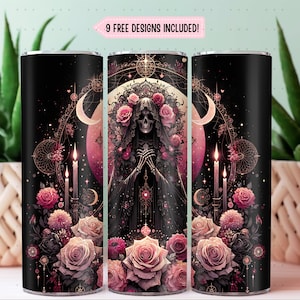 Diseño de sublimación PNG para envolver vasos de Santa Muerte, esqueleto celestial bohemio de muerte, parca gótica femenina, envoltorio para vasos rectos delgados de 20 oz
