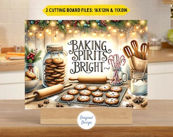 May include: A decorative cutting board with a festive baking scene, including cookies, rolling pins, and the text "Baking Spirits Bright." The design features jars of cookies, candy canes, and wooden utensils, with dimensions of 40.6x30.5cm and 27.9x20.3cm.