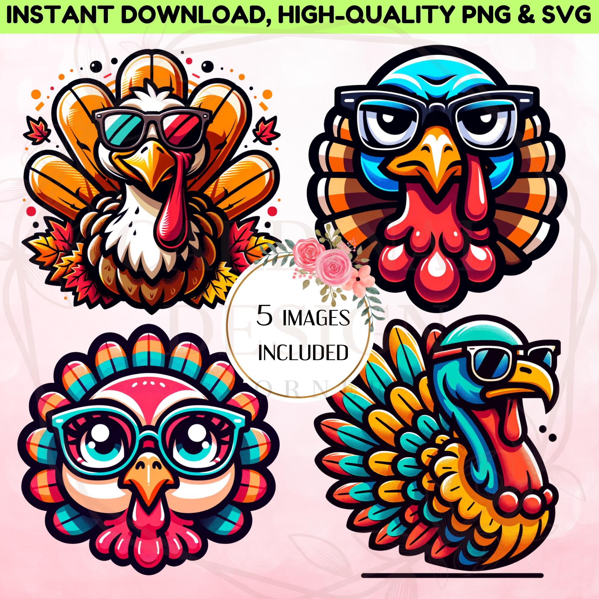 Turkey With Glasses SVG PNG Bundle Turkey Face SVG Cute Turkey Clipart ...