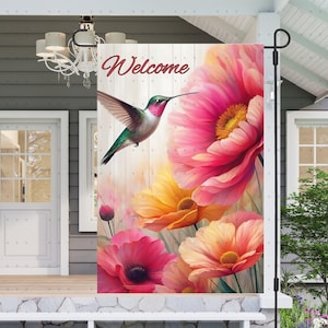 Welcome Hummingbird Garden Flag PNG Sublimation Design 12x18 Yard Flag Decor, Floral Pastel Gift Decor Garden Banner Sublimation Graphics