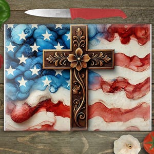 American Christian Cutting Board PNG Sublimation Design, Chopping Board png svg, Glass Cutting Board png Digital Only, American Flag Cross