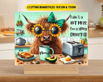 Funny Highland Cow Cutting Board png Sublimation Design, Cute Cow Chopping Board png, Cow Lover Gift Glass Board Placemat Serving Tray png