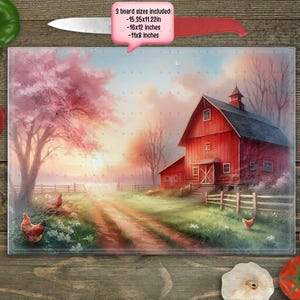 May include: A red barn with white trim and a white fence in front of it. The barn is surrounded by green grass and trees. The sky is blue with white clouds. The image is a painting of a rural scene. 3 board sizes included: -15.5x11.22in -16x12 inches -11x8 inches