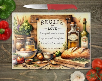 Mother's Day Cutting Board PNG Sublimation Design, Chopping Board PNG SVG Files, Glass Cutting Board png, Recipe for Love, Mom Gift Digital