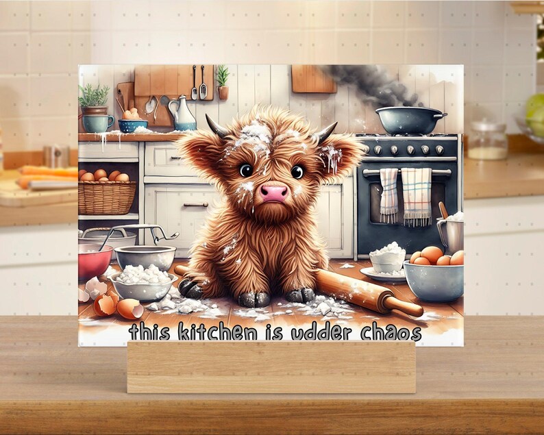 Cute Highland Cow Kitchen Art Print, Farmhouse Decor, Funny Cooking Poster, Rustic Home Decoration, Animal Wall Art