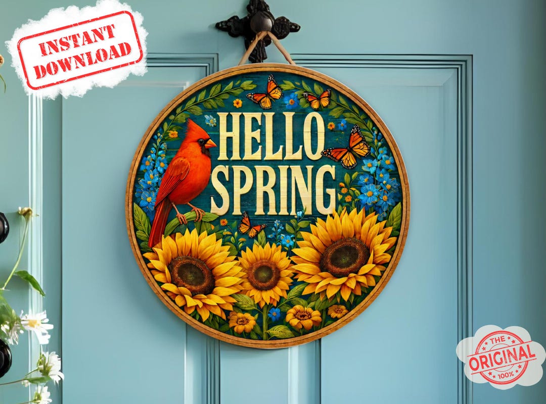Hello Cardinal Pattern Hello Spring Png Door Hanger Sublimation Design, Floral Red Cardinal ...