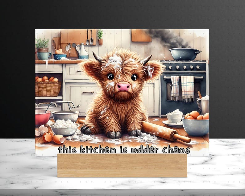 Cute Highland Cow Canvas Print, Kitchen Chaos Wall Art, Funny Animal Home Decor