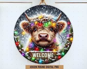 面白いハイランド牛のウェルカムサインドアハンガーpng昇華デザイン、かわいい冬のクリスマスベビー牛の丸いリースサインドアハンガーテンプレートpng