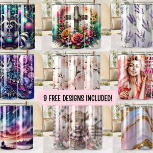 May include: Nine different designs for sublimation tumblers. The designs include a floral cross, a floral pattern, a lavender pattern, a quote about happiness, an owl with a floral pattern, a galaxy pattern, a cow with a floral pattern, and a marble pattern.