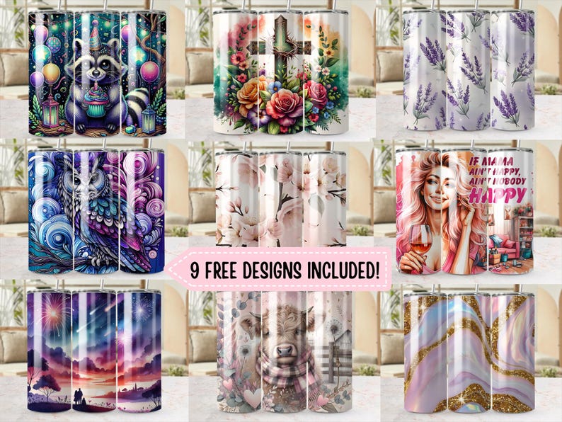 May include: Nine different designs for sublimation tumblers. The designs include a floral cross, a floral pattern, a lavender pattern, a quote about happiness, an owl with a floral pattern, a galaxy pattern, a cow with a floral pattern, and a marble pattern.