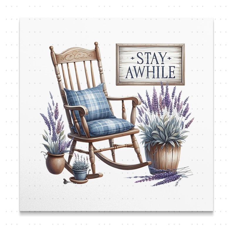 Rustic Rocking Chair Wall Art, Vintage Wooden Chair Print, Cozy Home Decor, Lavender Floral Illustration, Farmhouse Kitchen Decor