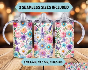 Rosa blommig 12oz rak sippy cup wrap png sublimeringsdesign, barntumbler png, sömlös sippy cup med flip top-mönster, akvarellblommor
