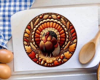 Rund skärbräda för kalkon med Thanksgiving-motiv png, sublimeringsdesign för skärbräda i glas png, rund 3D-present med puffy kockar png