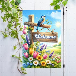 Welcome Garden Flag PNG Sublimation Design Spring Yard Flag Decor, Spring Flowers Bird Sun Rustic Country Sign Welcome Garden Flag png