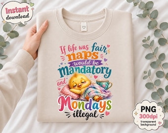 眠そうなひよこのPNG昇華プリント、水彩画風の面白いひよこ、月曜日の昼寝は違法（デジタルダウンロード）
