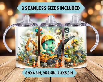 Cartoon 12oz Sippy Cup png Sublimation Design, Straight Cartoon Dino Construction Trucks Kids Sippy Cup Wrap png Boys Gift, 3 sizes