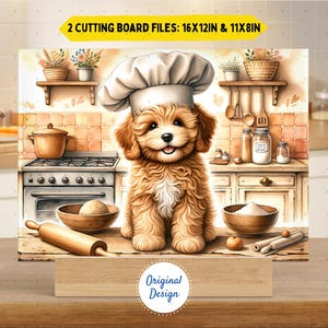 May include: A watercolor illustration of a smiling, fluffy brown dog wearing a chef's hat, set in a kitchen scene. The image includes text that reads "2 Cutting Board Files: 16x12in & 11x8in" and "Original Design". The kitchen features a stove, bowls, and rolling pin.