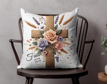 Christian Faith Pillow PNG Sublimation Design Floral Cross with Faith Over Fear Quote, Religious Home Decor, Digital Only 300dpi transparent