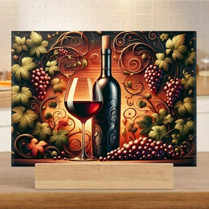 May include: A glass cutting board with a decorative design of grapes, vines, and leaves. A glass of red wine and a bottle of red wine are in the center of the design.