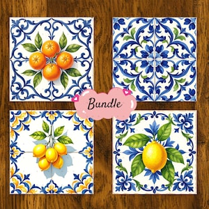May include: Set of four square ceramic tiles with blue and white floral patterns. Two tiles feature a lemon branch with yellow lemons and green leaves. Two tiles feature a branch with orange fruit and green leaves. The tiles have a white background with blue and yellow accents.