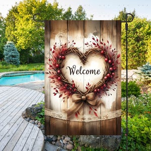 Valentines Garden Flag PNG Sublimation Design Yard Flag Decor, Valentine&#39;s Day Heart Love Wreath Welcome Garden Flag - Digital Only