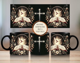 Emballage chrétien pour tasse : colombe, Bible, croix (téléchargement numérique PNG)