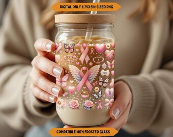 Bröstcancer 16oz Libbey glasburk png-fil med sublimering av koppomslag, Libbey PNG, bröstcancermedvetenhet Rosa bandet Latte UV DTF, endast digitalt