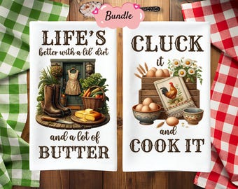 5 Strofinacci da cucina rustici in stile country, pacchetto PNG con design a sublimazione, asciugamano per le mani, grembiule e strofinaccio con citazione carina, regalo stile fattoria country, png, digitale
