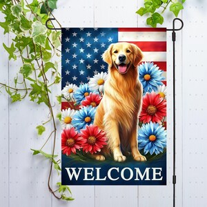 Welcome Garden Flag PNG Sublimation Design 12x18 Yard Flag Decor, Patriotic USA Golden Retriever Dog Garden Banner Sublimation Graphics