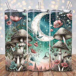 Mushroom Motifs Tumbler Wrap, 20oz Skinny Tumbler Sublimation Design, Cottagecore Boho Astrology Vibes, Natural Witchy Aesthetic Wildflower