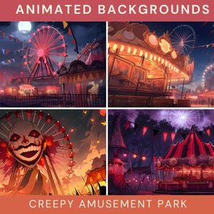 Könnte beinhalten: Vier animierte Hintergründe, die einen gruseligen Vergnügungspark mit einem Riesenrad, einem Karussell und einer Clownsmaske darstellen. Die Hintergründe sind in einem dunklen, bedrohlichen Stil mit roten und schwarzen Farben gehalten.