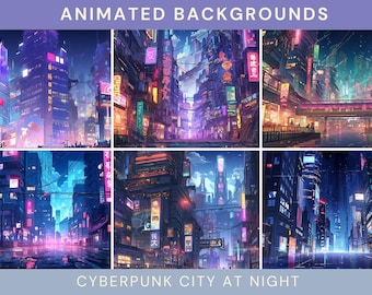 Könnte beinhalten: Eine Collage aus sechs animierten Hintergründen, die eine Cyberpunk-Stadt bei Nacht darstellen. Die Stadt ist voller Neonlichter und hoch aufragender Gebäude. Die Hintergründe eignen sich perfekt für den Einsatz in Videospielen, Websites oder anderen digitalen Projekten.