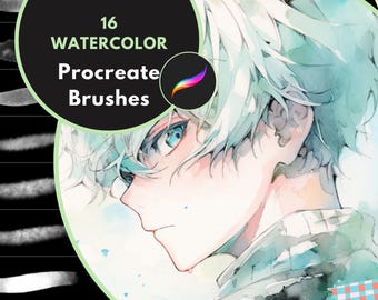 Op de afbeelding: Een set van 16 aquarelpenselen voor Procreate, getoond met een digitale illustratie van een persoon met blauwe ogen en lichtblauw haar. De penselen worden getoond als streken op een zwarte achtergrond.