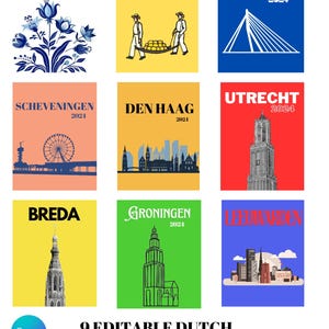 May include: Nine colourful travel book templates featuring Dutch cities. Each template has a different city name, a landmark, and a year. The cities are Delft, Alkmaar, Scheveningen, Den Haag, Breda, Groningen, Rotterdam, Utrecht, and Leiden.