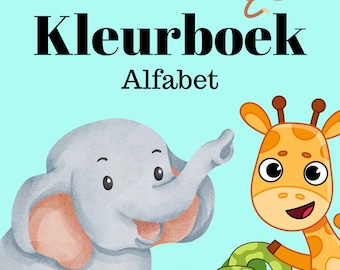 May include: A colorful coloring book with the title "Kleurboek Alphabet" featuring illustrations of a monkey, elephant, giraffe, hamster, and snake.
